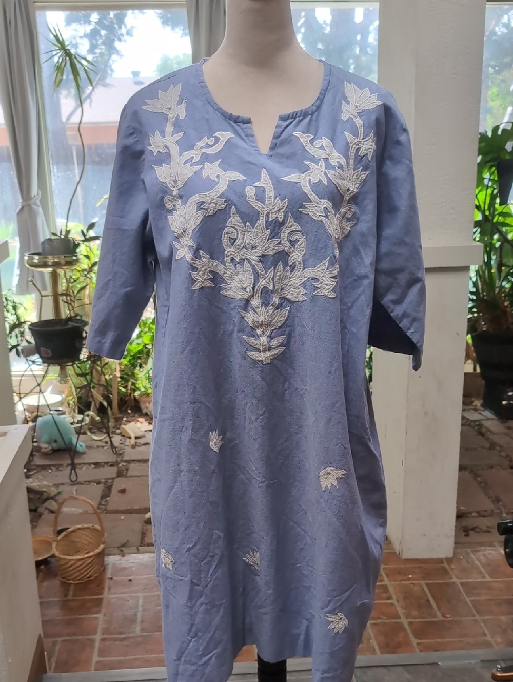 100% Cotton Blue Embroidered Tunic Dress